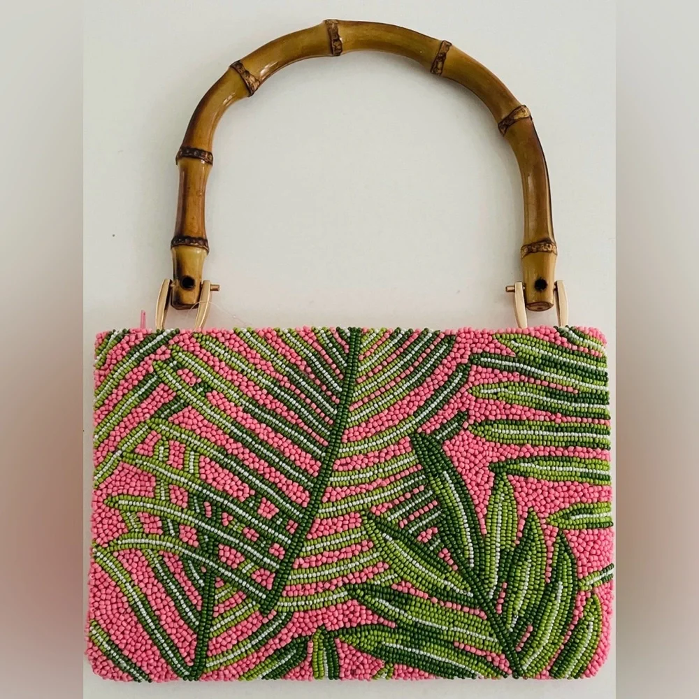 Tropical Pink Beaded Clutch with Bamboo Handle
